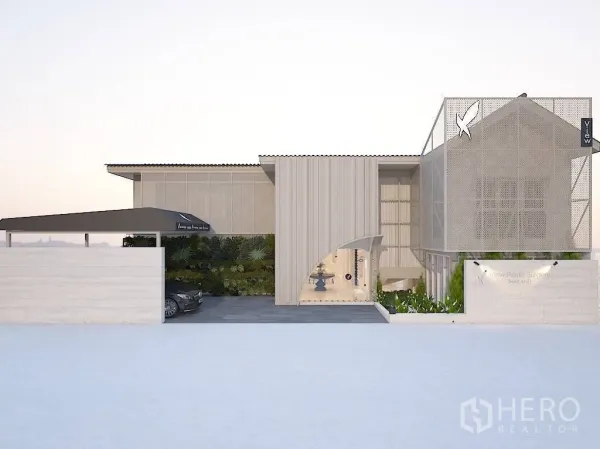 Home Office for rent in Bangkok - Front elevation rendering of a modern detached house with canopy parking and arched entryway.