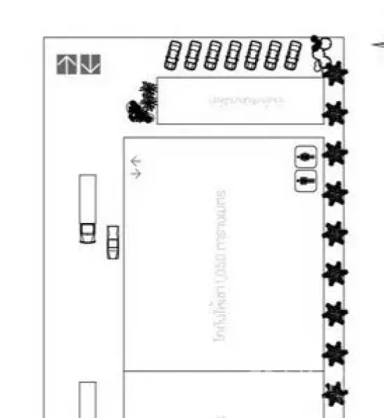 Warehouse for rent in Lat Krabang, Bangkok - Site plan of a Lat Krabang warehouse plot showing the building footprint, truck access lanes, and marked parking bays along the boundary.