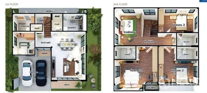 独立式住宅 出租在Prawet, Bangkok - 两层户型图，展示4卧4卫与车位