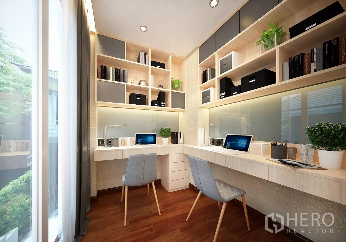 Detached House for rent or sale in Chatuchak, Bangkok - Home office with two workstations, open shelving and garden view.