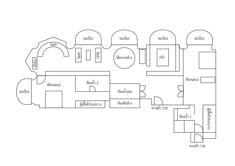 คอนโด ให้เช่าในBang Rak, Bangkok - ผังห้องคอนโด 2 ห้องนอน แสดงระเบียงหลายจุด ครัว และพื้นที่ใช้สอย
