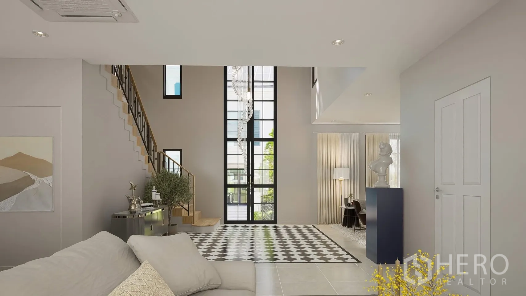 Detached House for rent in Bang Phli, Samut Prakan - Double-height living space with floor-to-ceiling windows and staircase.