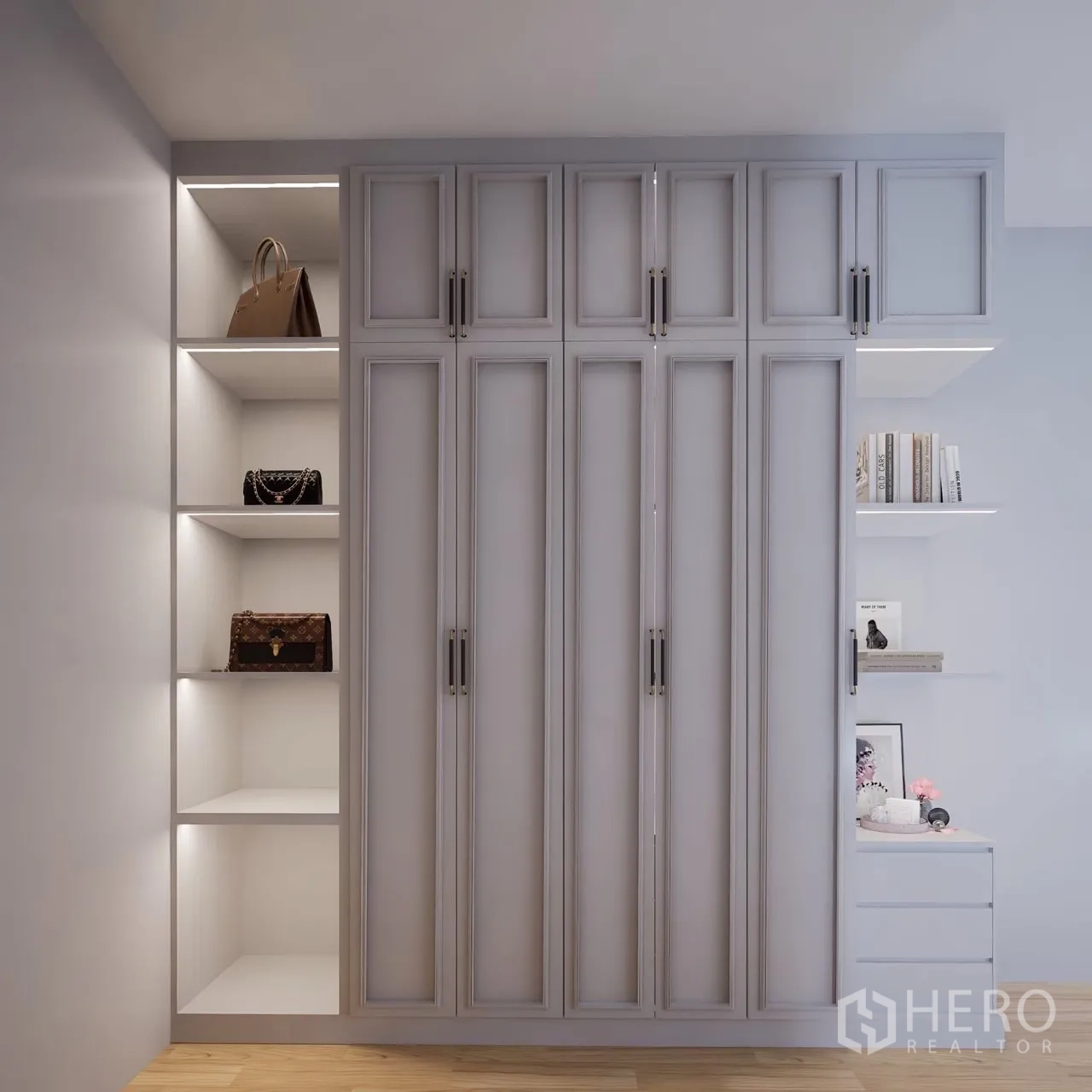 Detached House for rent in Bang Phli, Samut Prakan - Custom wardrobe with open display shelves for bags and books.