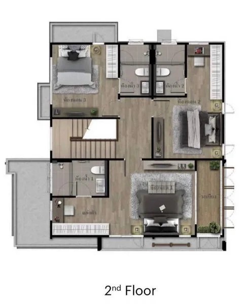 Detached House for sale in Bang Kapi, Bangkok - Second-floor plan of a 4-bedroom detached house in Hua Mak, Bang Kapi, showing bedroom, bathroom and balcony layout.