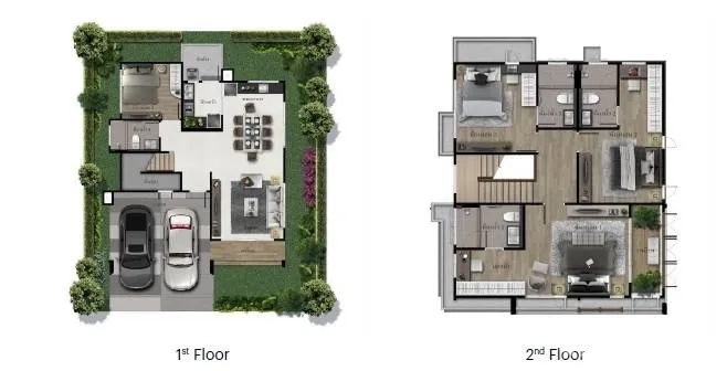 独立式住宅 出租在Bang Kapi, Bangkok - 两层独栋别墅平面图，带花园与双车位。