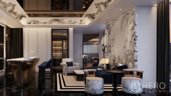 Condominium for rent - Residents’ club lounge featuring a bar counter, plush seating, and ornate wall details.