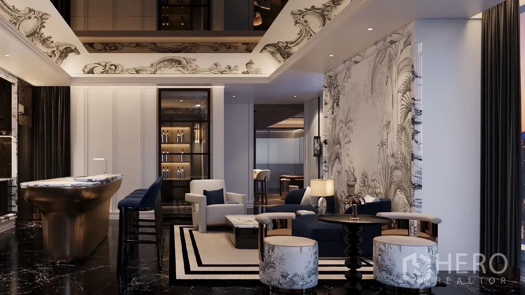 Condominium for rent - Residents’ club lounge featuring a bar counter, plush seating, and ornate wall details.