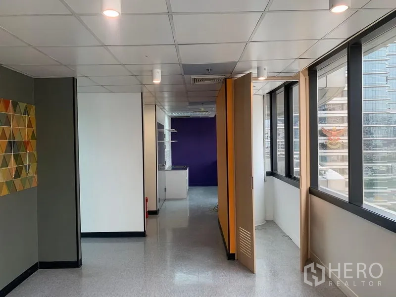 Office Space for rent in Bang Rak, Bangkok - Corridor workspace with large windows, folding partitions, and a pantry nook.