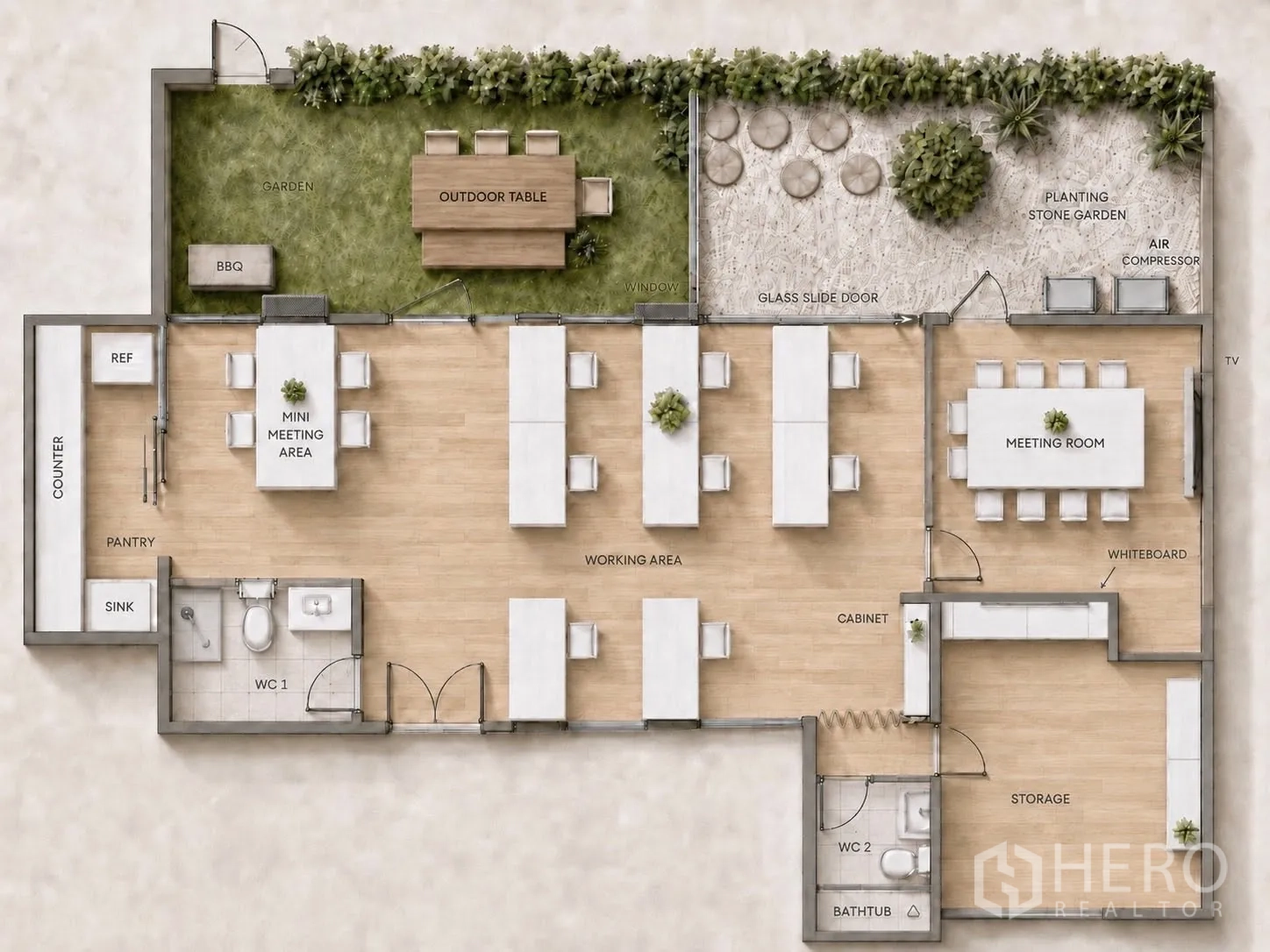 办公室 for rent in Phaya Thai, Bangkok - 平面图展示花园、开放办公区、会议室、茶水间与两间卫生间。
