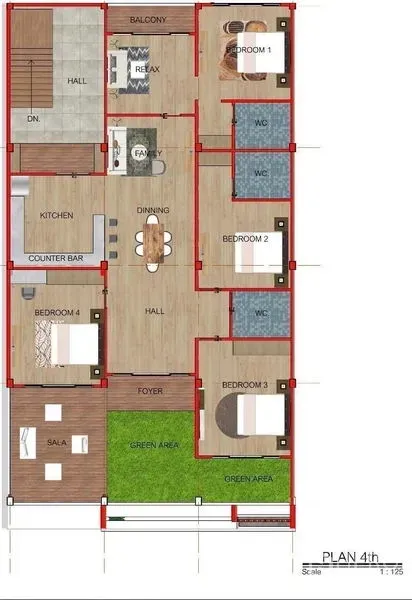 带办公室的家 出租或出售在Suan Luang, Bangkok - 四层住宅平面图，设厨房、餐厅、四间卧室、卫浴与绿色露台。