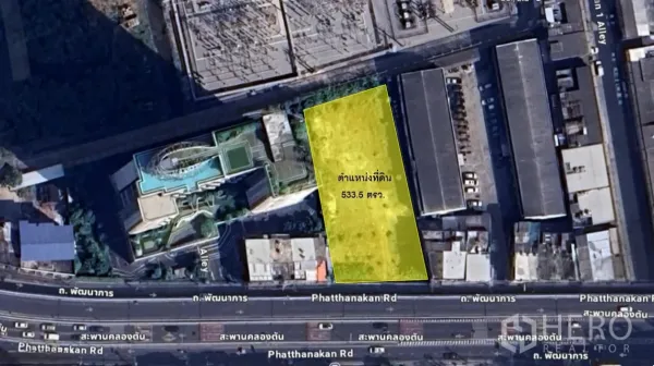 Land for sale in Suan Luang, Bangkok - Satellite map highlighting the 533 sq.wah parcel in yellow between existing properties.