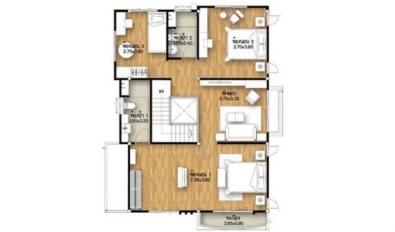 Detached House for sale in Bang Phli, Samut Prakan - Upper-floor plan displaying three bedrooms, two bathrooms, family area, and a balcony.