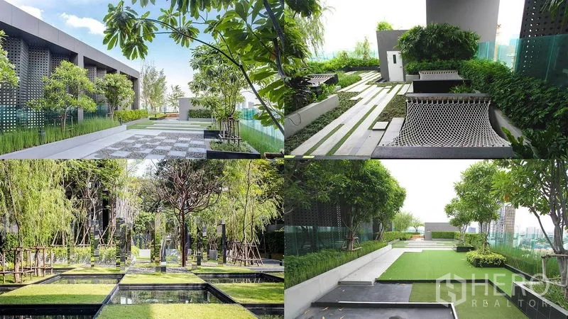 公寓 出租或出售在Khlong Toei, Bangkok - 屋顶花园与绿化休闲区，设座椅和步道。