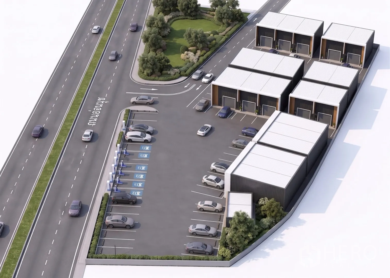 Warehouse for rent in Prawet, Bangkok - Top-down view of parking lot with marked bays in front of warehouse units.