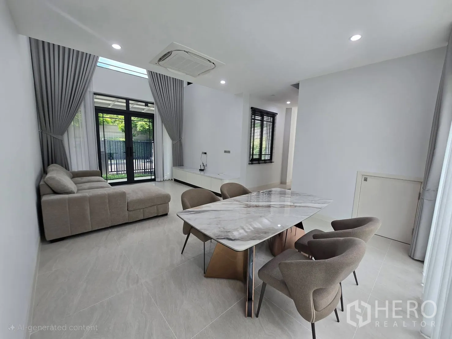 บ้านแฝด for rent in Suan Luang, Bangkok - โถงนั่งเล่นและรับประทานอาหารแบบเปิด พร้อมโซฟา L และโต๊ะท็อปหินอ่อน.