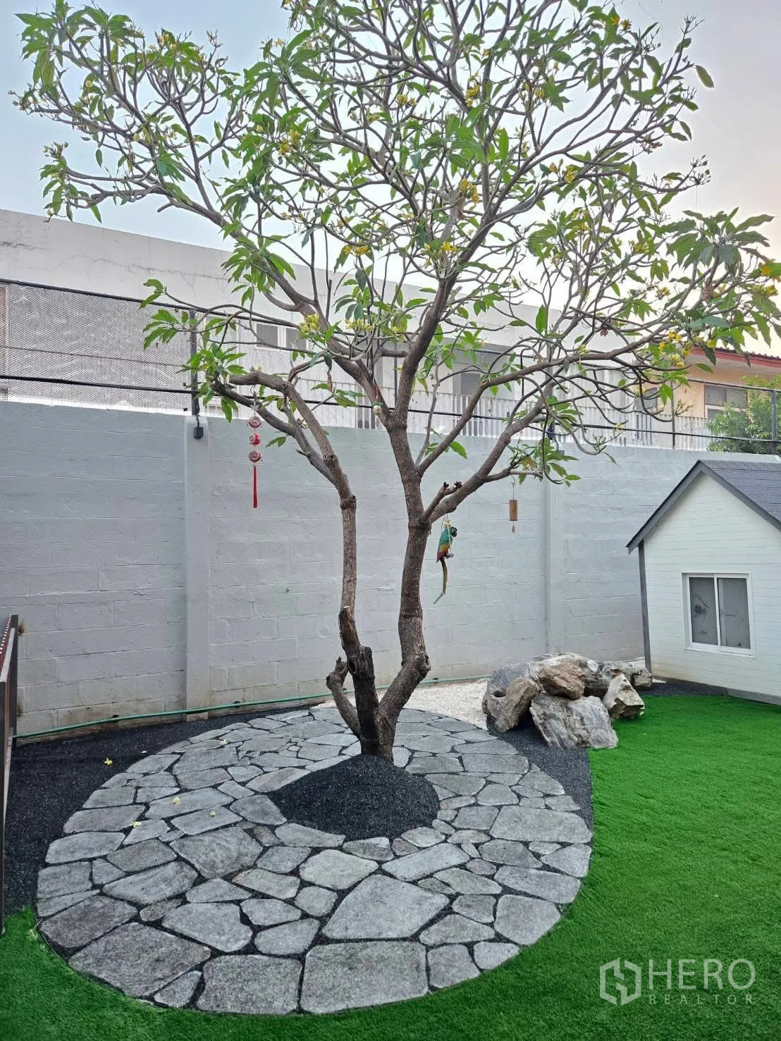 Detached House for rent in Lat Phrao, Bangkok - Landscaped garden with frangipani tree on stone circle and artificial lawn.