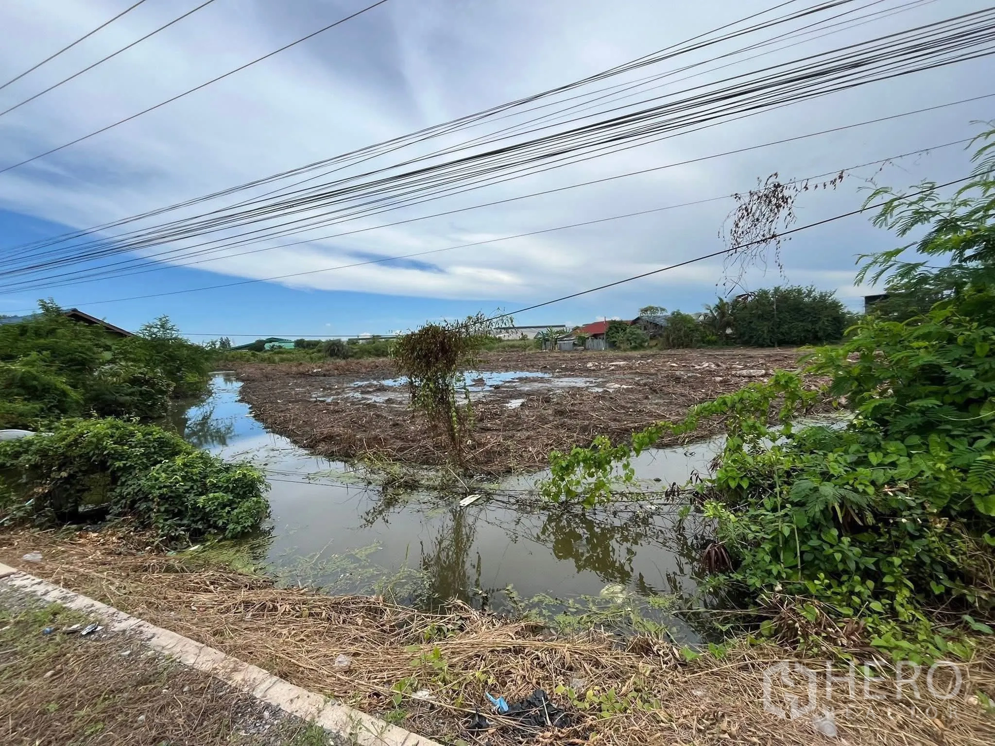 Land for sale in Mueang Samut Sakhon, Samut Sakhon - View of the plot bordered by water with overhead utility lines and surrounding greenery.