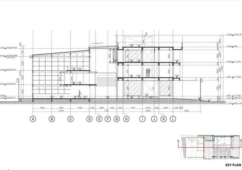 Home Office for rent or sale - Building section drawing illustrating the three-level layout and central atrium.