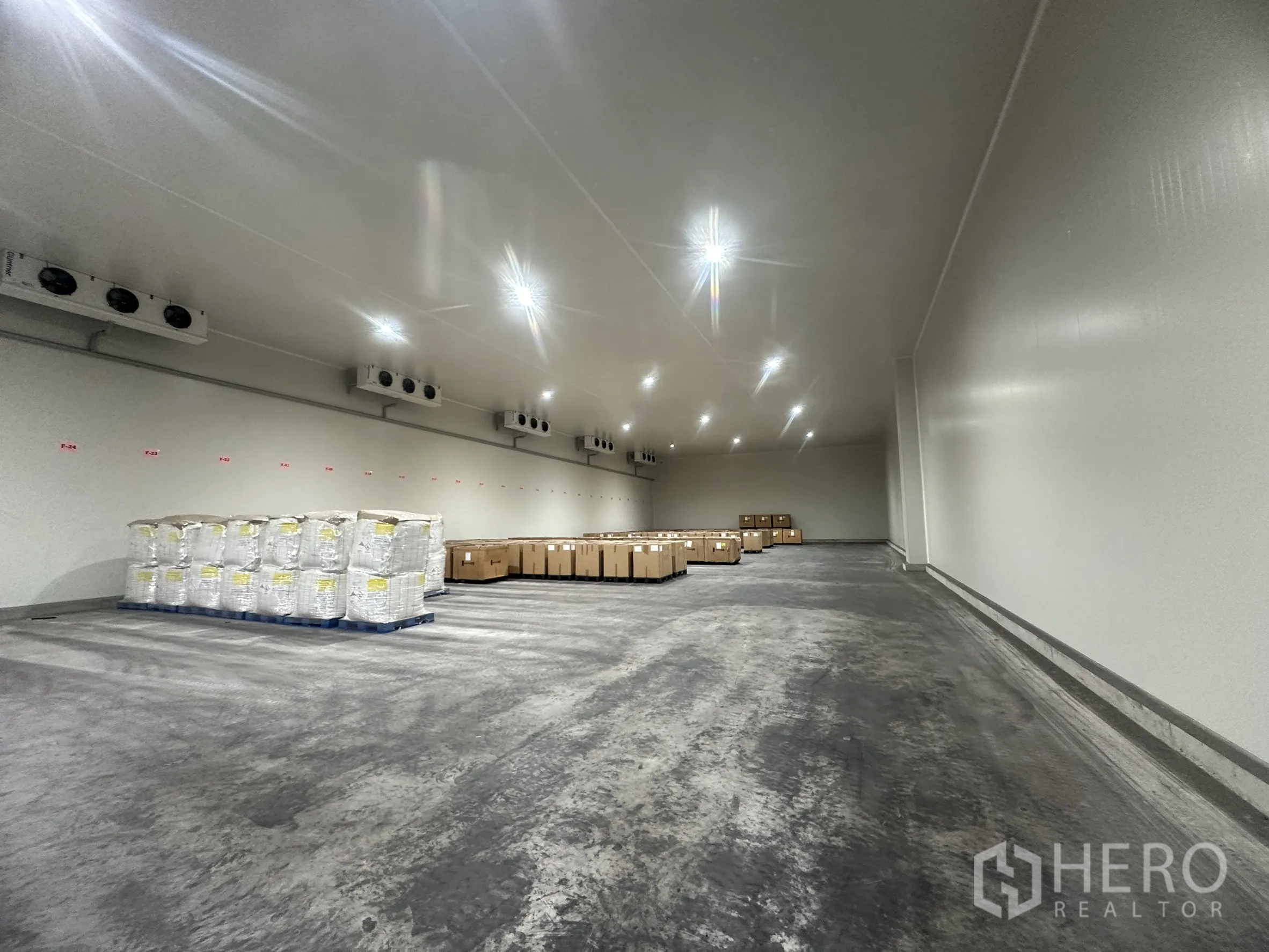 Warehouse for rent in Bang Pa-in, Phra Nakhon Si Ayutthaya - Temperature-controlled storage area with pallets and boxed goods on the floor.