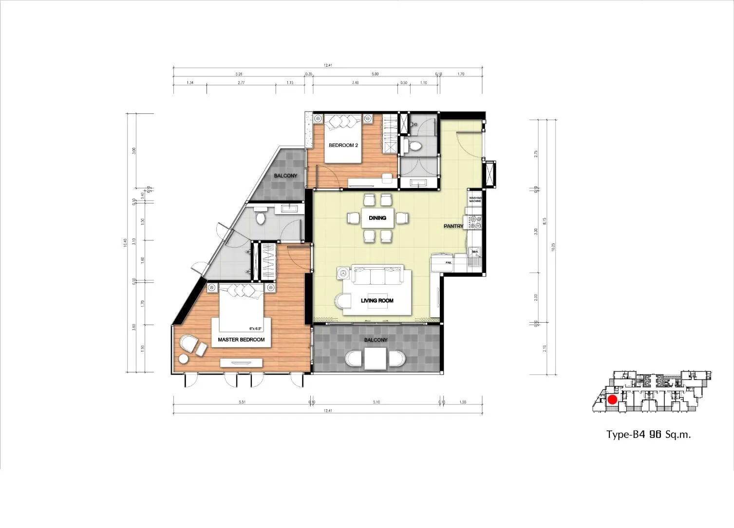 Condominium for rent in Bang Lamung, Chon Buri - Floor plan of a two-bedroom, two-bathroom condominium around 97 square meters with balconies.