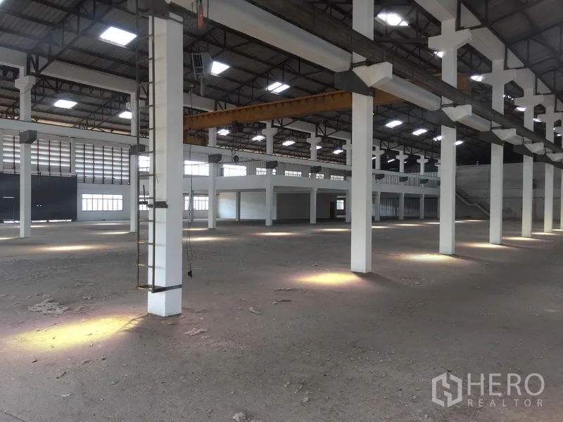 คลังสินค้า ให้เช่าในLam Luk Ka, Pathum Thani - พื้นที่ภายในโกดังโปร่ง เสาสูง หลังคาเหล็กพร้อมสกายไลต์ และพื้นโล่งเหมาะสำหรับจัดเก็บหรือผลิต
