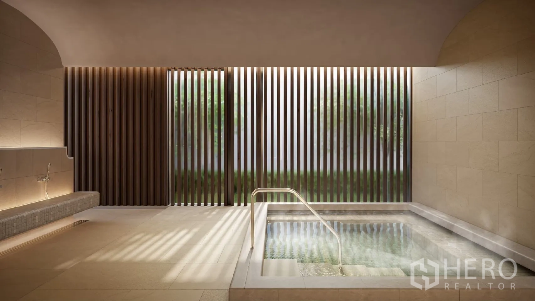 Condominium for rent - Outdoor swimming pool with landscaped garden, trees, and sun loungers.