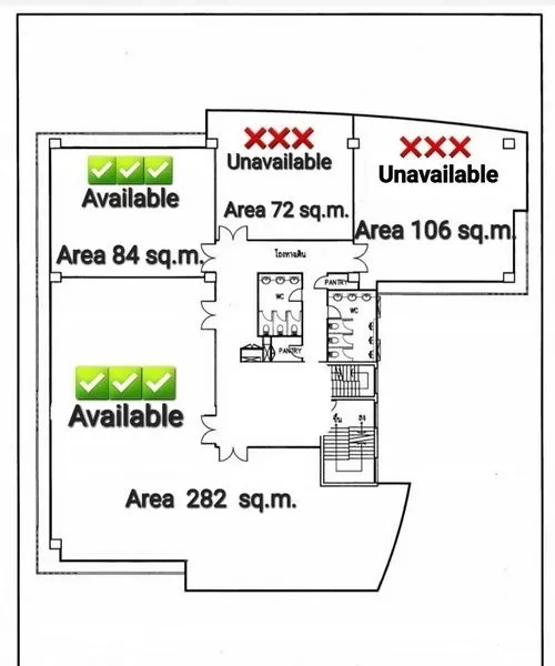 สำนักงาน ให้เช่าในWatthana, Bangkok - ผังชั้นแสดงพื้นที่ว่าง 282 ตร.ม. และยูนิตข้างเคียง