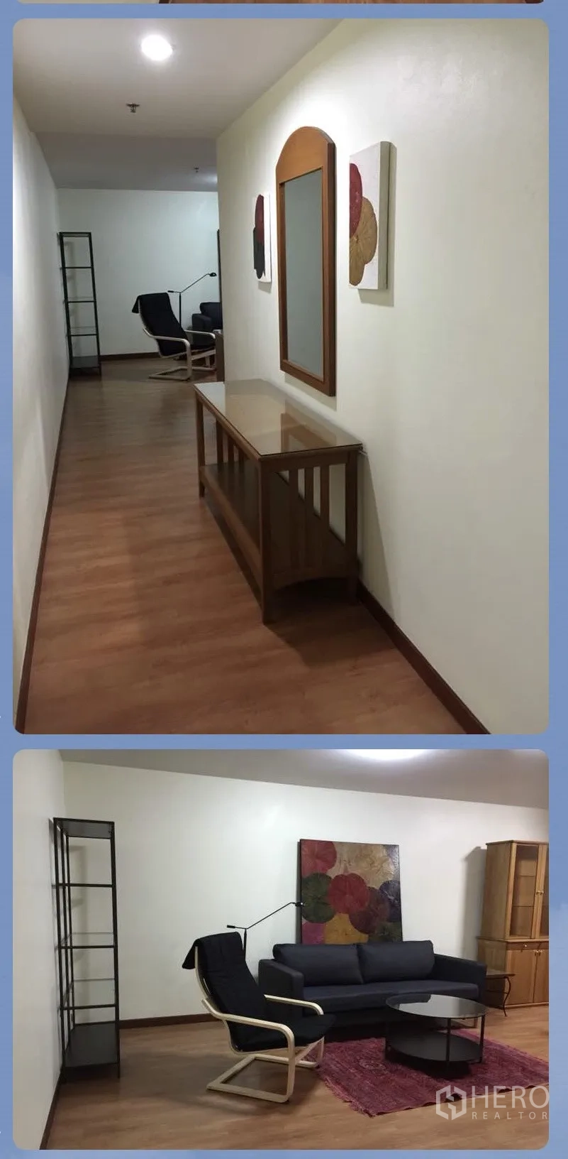 公寓 出租在Watthana, Bangkok - 入户长廊，木地板，玄关台与墙镜，通向客厅。