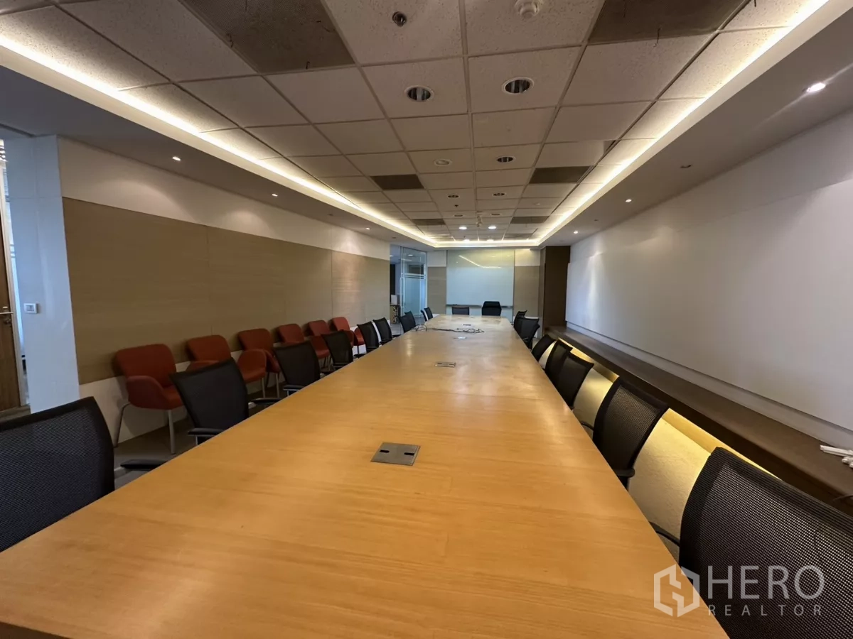 Office Space for rent in Watthana, Bangkok - Boardroom view showing table power ports and guest seating along the wall.