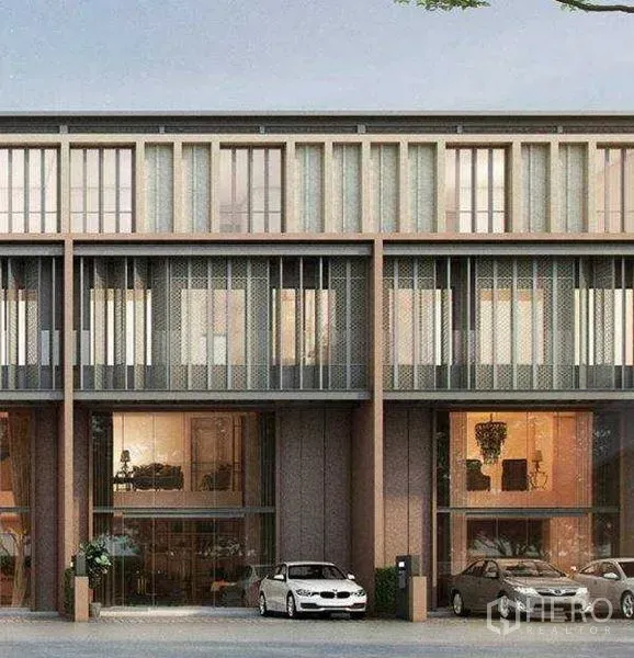 Home Office for rent in Pak Kret, Nonthaburi - Row of contemporary home office units with large windows and front parking in a clean plaza.