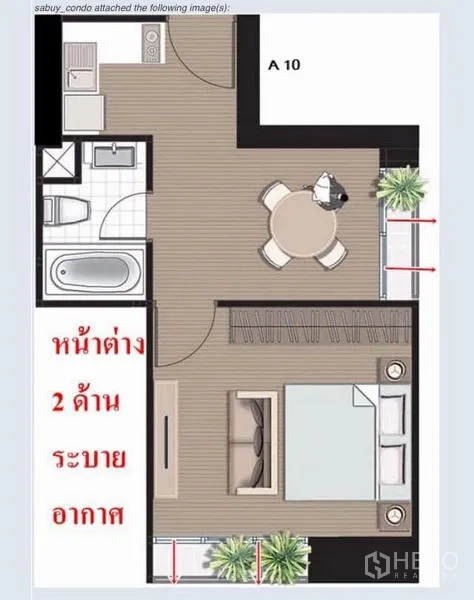 公寓 出售在Ratchathewi, Bangkok - 一居室公寓平面图，约36平米，含厨房、浴室、起居区与阳台。
