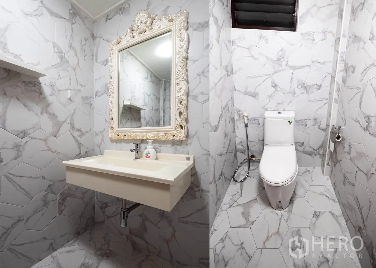 ทาวน์เฮาส์ for rent in Watthana, Bangkok - ห้องน้ำแขกกระเบื้องลายหินอ่อน กระจกกรอบลายหรู และโถสุขภัณฑ์