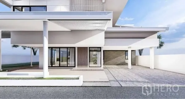 Detached House for rent in Lat Phrao, Bangkok - Covered carport and main entrance with columns, sliding glass doors and patio of a contemporary home.
