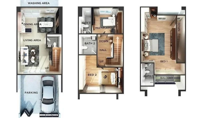 สำนักงานที่บ้าน ให้เช่าหรือขายในBang Na, Bangkok - ผังพื้นอาคารโฮมออฟฟิศ 3 ชั้น แสดงที่จอดรถ พื้นที่รับแขก ห้องนอน และห้องน้ำ 4 ห้อง