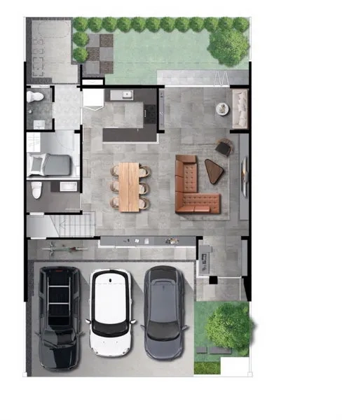 Townhouse for rent in Samut Prakan - Ground-floor plan with three-car garage, kitchen, dining and living areas opening to a garden.