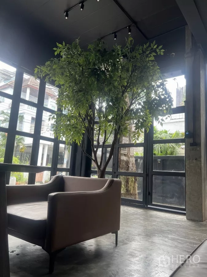 带办公室的家 出租在Wang Thonglang, Bangkok - 挑高门厅，沙发与围绕树木的落地玻璃墙。