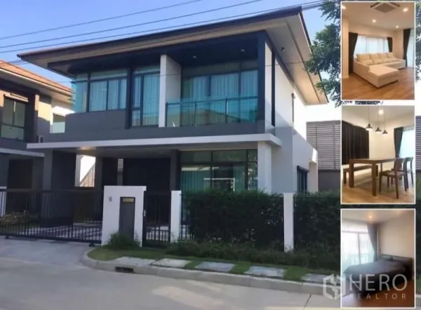 独立式住宅 出租在Bang Kapi, Bangkok - 现代两层外立面，玻璃阳台、带门庭车道与绿篱。