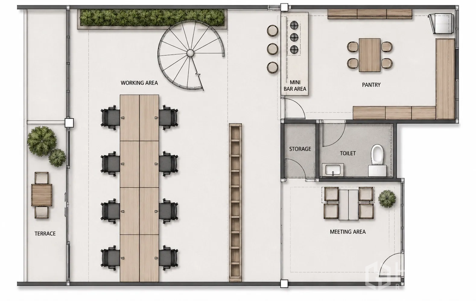 Office Space for rent in Phaya Thai, Bangkok - Lower floor plan with open working area, meeting room, pantry, and restroom.