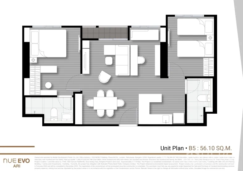 Condominium for sale in Phaya Thai, Bangkok - Floor plan of a 56 sqm two-bedroom condominium near BTS Ari showing an open living–dining area, kitchen, and well-separated bedrooms.