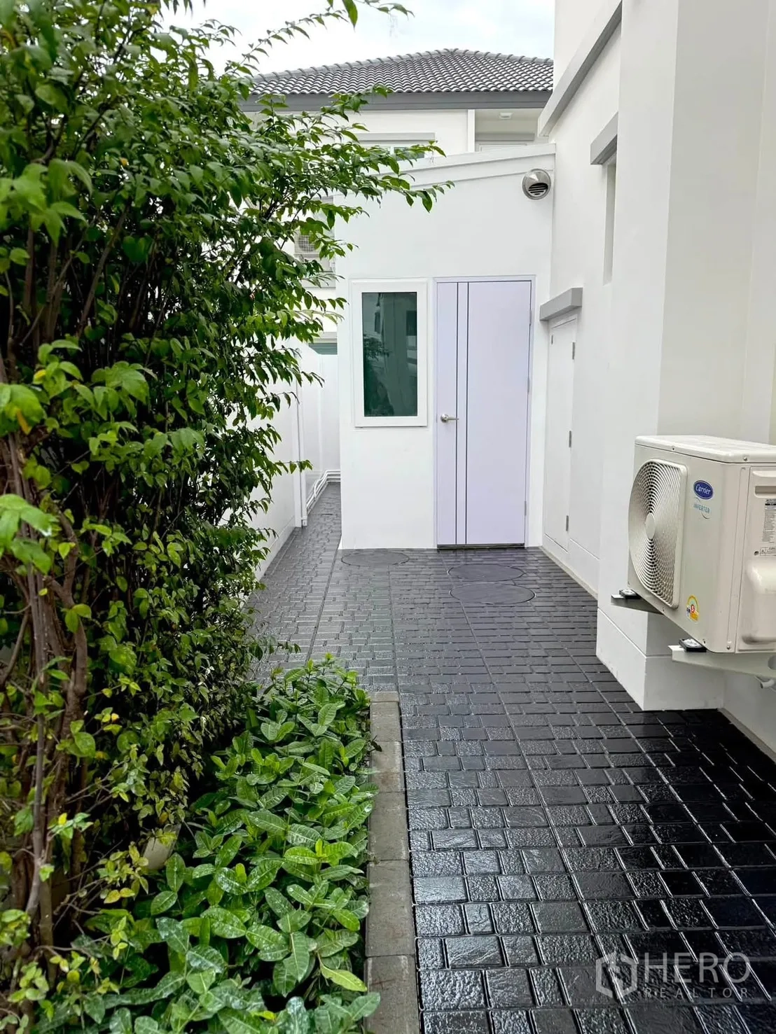 Detached House for rent in Bang Phli, Samut Prakan - Paved side walkway with hedge, low plants, and exterior AC unit along a white wall.