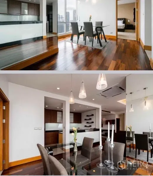 คอนโด ให้เช่าในSathon, Bangkok - มุมรับประทานอาหารโต๊ะกระจก ไฟแขวน และพื้นไม้ขัดเงาข้างหน้าต่างบานใหญ่