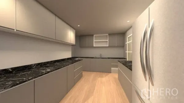 Detached House for rent in Lat Phrao, Bangkok - Modern kitchen with grey cabinetry, black marble countertops, wood flooring and double-door refrigerator.