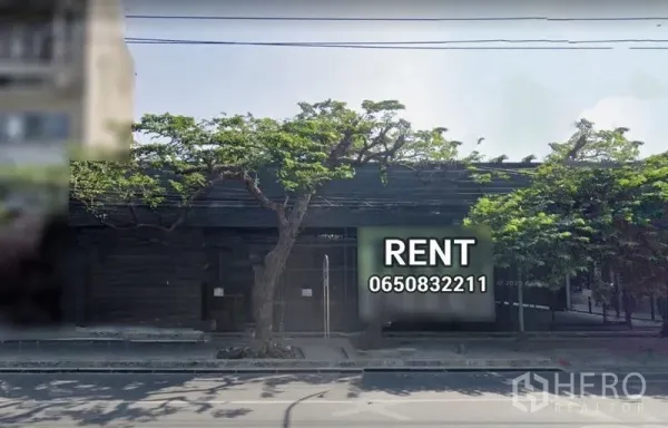 คลังสินค้า ให้เช่าในKhlong Toei, Bangkok - ด้านหน้าตัวอาคารโกดังแนวยาว มีหลายทางเข้าและต้นไม้ริมถนนบนถนนสายหลัก