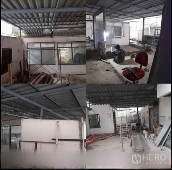 带办公室的家 出租在Suan Luang, Bangkok - 施工区展示钢结构、金属屋顶与隔墙安装，配大面积窗户。