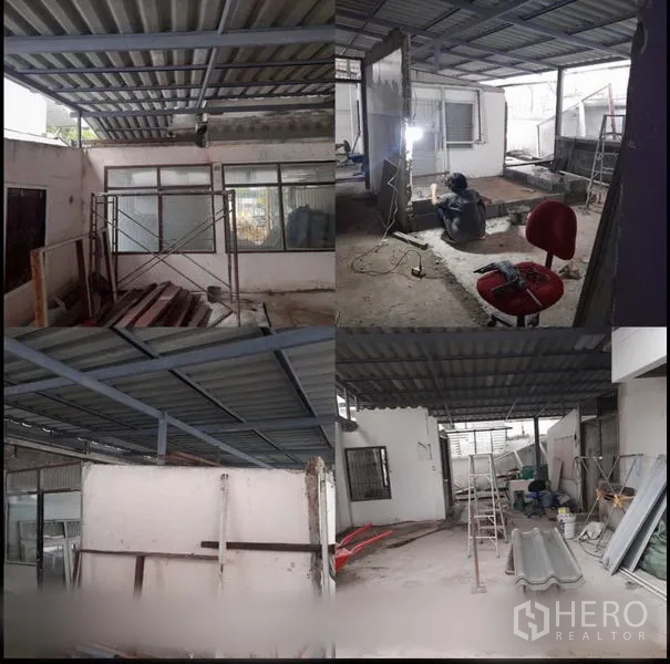 带办公室的家 出租在Suan Luang, Bangkok - 施工区展示钢结构、金属屋顶与隔墙安装，配大面积窗户。