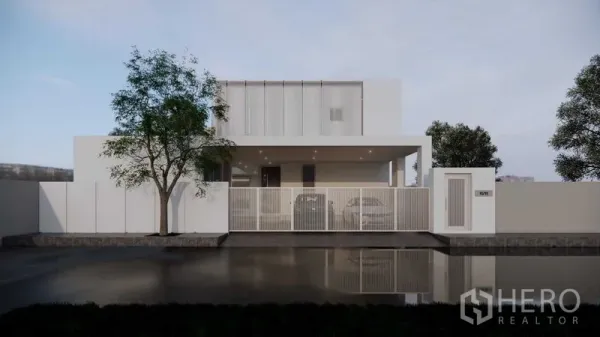 Land for sale in Prawet, Bangkok - Front elevation render with gated fence, covered parking and minimalist façade.