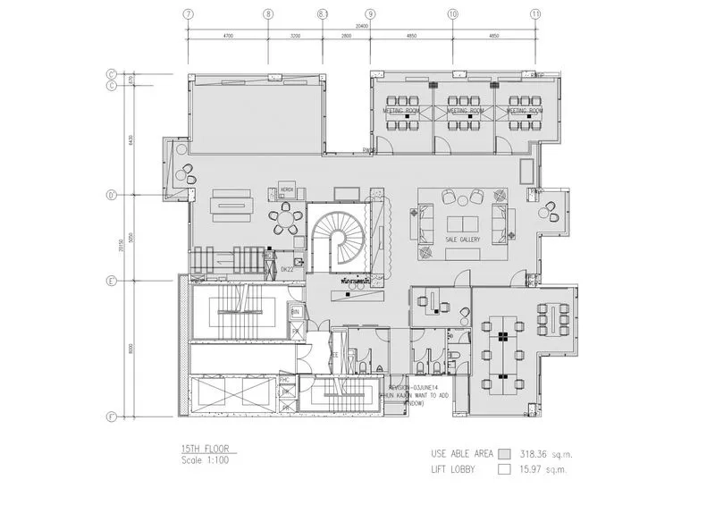 办公空间 出租 - 318平方米办公室平面图，含会议室与大堂布局