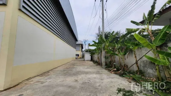 โรงงาน ให้เช่าในBan Phaeo, Samut Sakhon - ทางสัญจรคอนกรีตข้างอาคาร ผนังระแนงเมทัลชีท มีเสาไฟและต้นไม้ เหมาะสำหรับรถบรรทุก