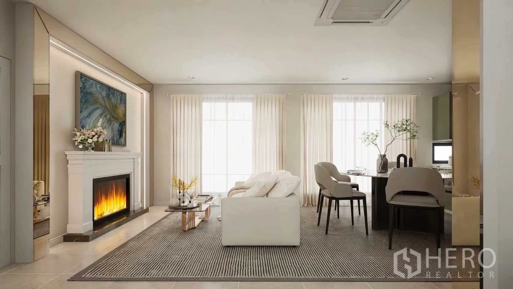 Detached House for rent in Bang Phli, Samut Prakan - Bright living and dining room with fireplace and large windows.