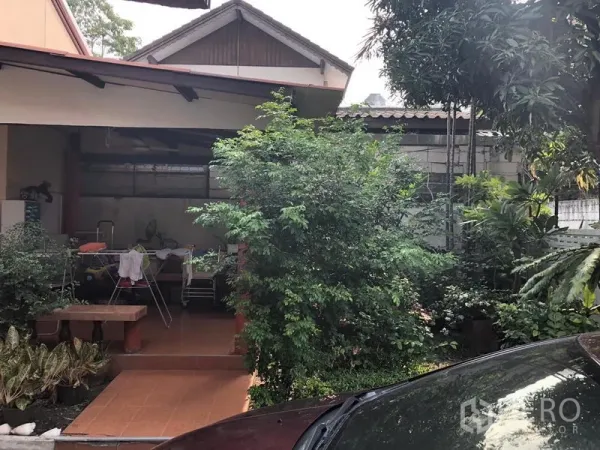 Detached House for rent in Khlong Toei, Bangkok - Covered patio with terracotta tiles beside a mature garden and driveway in a private yard.
